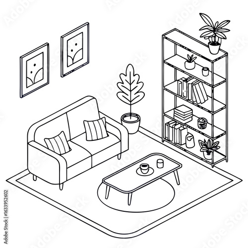 Home interior elements set – minimalist furniture, room decor, editable line illustrations on transparent background.
