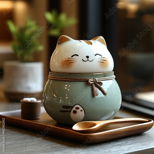 Minimalist Ceramic Bowl with Gradient Cat-Shaped Spoon and Kitten Statue