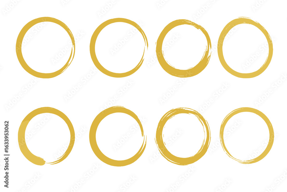 Gold hand-drawn circle brush strokes set, abstract round frames, isolated ink enso rings, Japanese zen art, elegant gold vector elements, minimal logo, design border, transparent background Gold hand-drawn circle brush strokes set, abstract round frames, isolated ink enso rings, Japanese zen art, elegant gold vector elements, minimal logo, design border, transparent background
