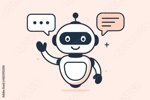 Friendly AI Chatbot Vector Illustration, Robot Character Communicating with Speech Bubbles, Conversational Artificial Intelligence, Customer Support Bot, Flat Cartoon Mascot on Light Background