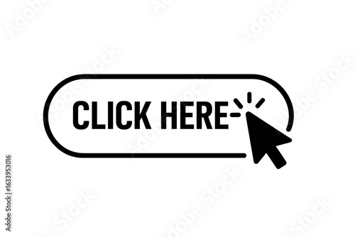 Click here web button vector illustration. Modern user interface button with clicking hand cursor icon. Call to action symbol for website, app, online marketing, signup, download, internet navigation.