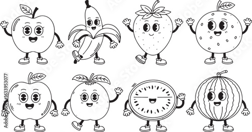 A collection of cartoon fruits including apples banana strawberry orange kiwi and watermelon characters