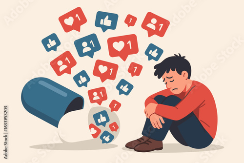 Social media addiction concept with pill bottle spilling notifications, likes, friend requests, digital addiction, nomophobia, smartphone dependency, mental health problem, vector illustration