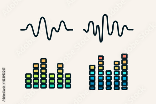 Audio Waveform and Equalizer Icon Set. Cartoon Vector Music Soundwaves. Colorful Audio Signal, Equalizer Levels, Music Waves, Digital Sound Bars, Sound Engineering, Vibrant Graphic Design Elements