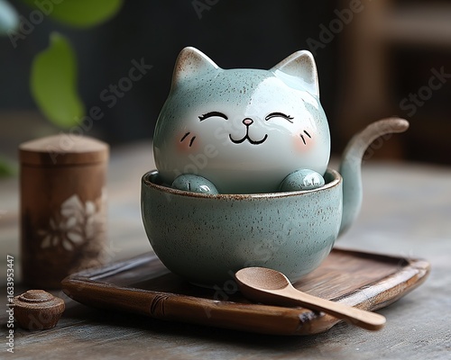 Minimalist Ceramic Bowl with Gradient Cat-Shaped Spoon and Kitten Statue