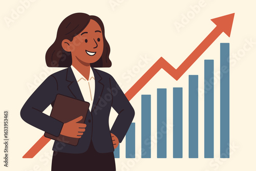 Successful businesswoman standing confidently in front of rising stock market chart, smiling and celebrating profitable investment growth, financial success concept, flat design