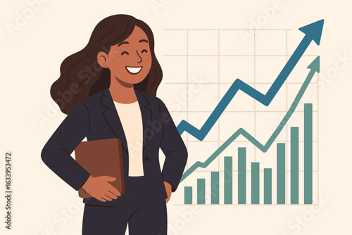 Confident businesswoman analyzing financial growth, rising stock market chart, investment success, female investor, leadership in finance, economic progress, professional woman, wealth management