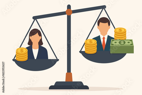 Gender pay gap inequality concept, businessman and businesswoman on imbalance weighing scale with coins and cash, unequal salary comparison, unfair wage gap, workplace discrimination illustration