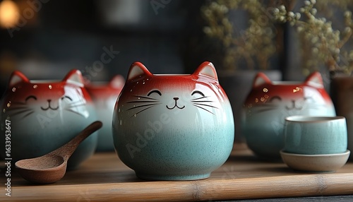 Minimalist Ceramic Bowl with Gradient Cat-Shaped Spoon and Kitten Statue