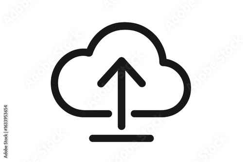 Cloud upload icon vector, black outline cloud with upward arrow, isolated transparent background, cloud storage, internet data transfer, sync symbol, digital file sharing, web app illustration
