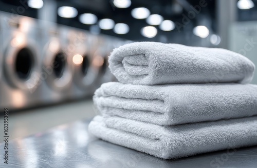 Folded white towels on a counter in a laundromat