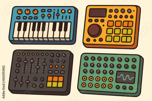 Electronic music production equipment vector illustration. Cartoon synthesizer keyboard, drum machine, audio mixer, sampler, and sequencer for techno, house, dubstep, chiptune, EDM composition.