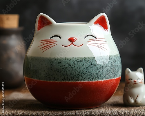 Minimalist Ceramic Bowl with Gradient Cat-Shaped Spoon and Kitten Statue