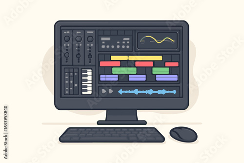 Digital music production studio on desktop computer screen, electronic audio workstation software, mixing console, MIDI keyboard, waveforms, sound editing, home recording, vector illustration