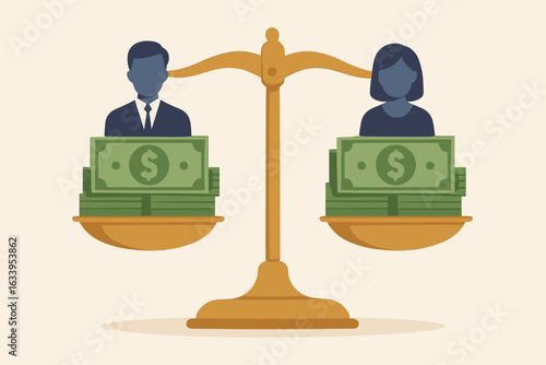 Equal pay scale with balanced money symbolizing equal salary and wage fairness, economic justice concept, gender pay equality, financial balance, and workplace equality illustration
