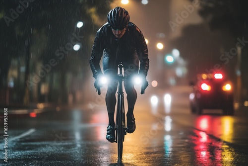 Cyclist riding at night in the rain with bike lights and helmet