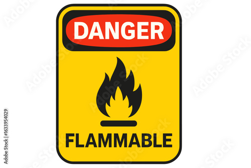 Danger Flammable Warning Sign Vector. Fire Hazard Safety Symbol. Industrial Safety Notice Label. High Risk Flammability Alert. Caution Signage for Hazardous Materials Workzone. Stock Illustration.