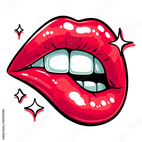 Red glossy woman lips with shiny reflections and white teeth. Pop art style. Mouth biting lip. Beauty and passion concept. Vector illustration for design, t-shirt, print