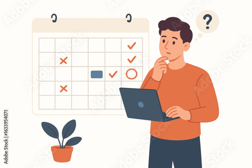 Time Management Planning, Busy Person with Laptop Scheduling Tasks and Meetings on Calendar, Monthly Organizer and Productivity Concept, Office Work Organization, Flat Vector Illustration