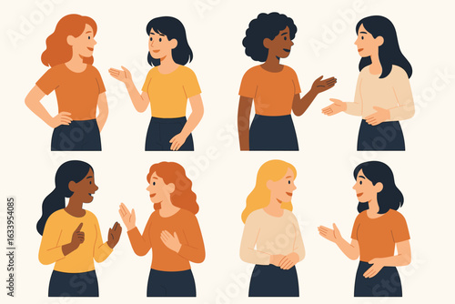 Diverse female characters engaging in conversation and discussion, standing and gesturing, communication teamwork collaboration, women social interaction, friendly group chat, flat vector illustration