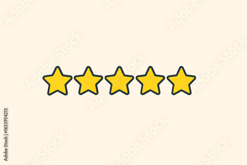 Five star rating vector illustration, quality review, top rated, customer satisfaction, best performance, full score, user feedback, flat cartoon style, yellow stars on light background