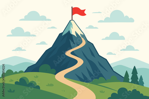 Mountain summit goal achievement. Business success path. Red flag on peak. Metaphor ambition challenge journey. Leadership vision mission. Climbing trail landscape. Overcoming obstacles motivation.