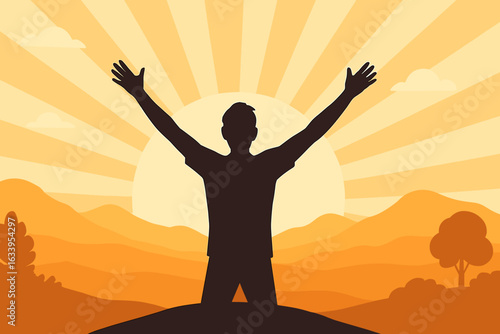 Silhouette of joyful man with arms raised to sunrise in scenic mountain landscape, concept of freedom, happiness, success, achievement, well-being, mindfulness, adventure, travel, inspirational vector