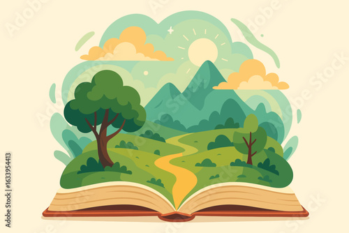 Magical Open Book with Vibrant Nature Landscape, Trees, Mountains, Sunlight, Dreamy Surreal Escape, Imagination Adventure, Storytelling Fantasy, Reading Journey, Vector Cartoon Art Illustration