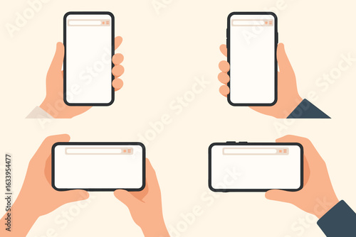 Smartphone Hand Holding Mockup Vector Set – Four Illustrations of Diverse Hands Gripping Mobile Phones with Blank Browser Screens, Portrait and Landscape Orientation, User Interface Template