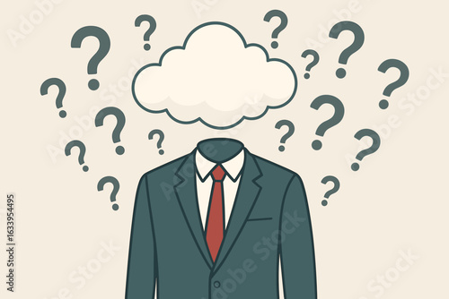 Confused Businessman with Cloud Head and Question Marks. Metaphor for Uncertainty, Daydreaming, Absent Mindedness, Doubt, Anxiety, Mental Fog, Abstract Corporate Stress Concept. Vector Illustration.