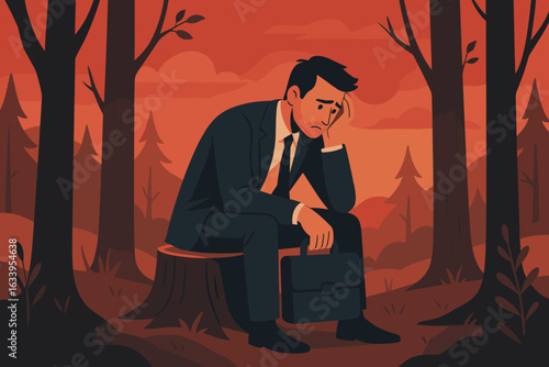 Unemployed Sad Businessman Lost Job Concept—Worried Man in Suit Sitting Alone with Briefcase in Red Forest, Economic Crisis, Layoff Anxiety, Career Problems, Stress, Depression, Unemployment