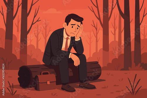 Unemployed business man feeling sad and anxious after job loss, sitting alone on log in red forest, depression, economic crisis, layoff, career setback, mental health, unemployment metaphor