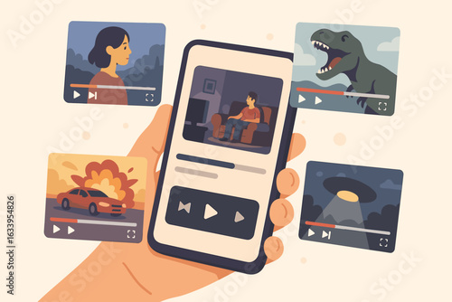 Smartphone streaming video content concept, mobile phone displaying movie and video player screens, online media platform, entertainment clips, social network sharing, digital media consumption