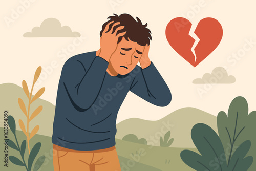 Heartbreak and Betrayal Concept—Sad Depressed Young Man Standing Alone Outdoors, Hands on Head in Frustration, Broken Heart Symbol, Emotional Pain, Mental Health, Relationship Loss, Breakup Vector