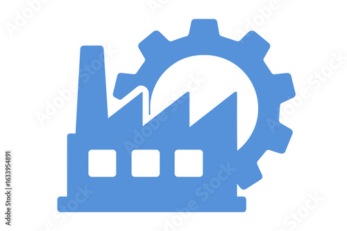 Blue factory and gear symbol icon. Industrial manufacturing concept. Sustainable environmentally friendly industry logo. Vector illustration. Green technology, eco-friendly production, modern plant.