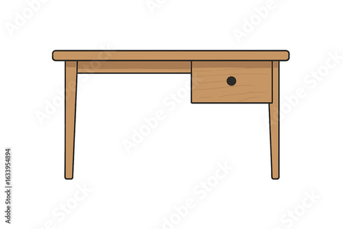 Modern minimalist wooden office desk vector illustration with drawer, light oak table for home workspace, furniture design, contemporary work desk, isolated clipart, ergonomic interior decor