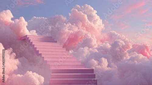 stairs in cloudy pink sky in a dream illustration