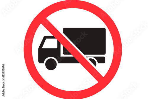 No trucks allowed road sign. Prohibited truck entry vector symbol. Transportation law road warning sign. Heavy vehicle restriction. Red circle with slash. Freight vehicle ban illustration