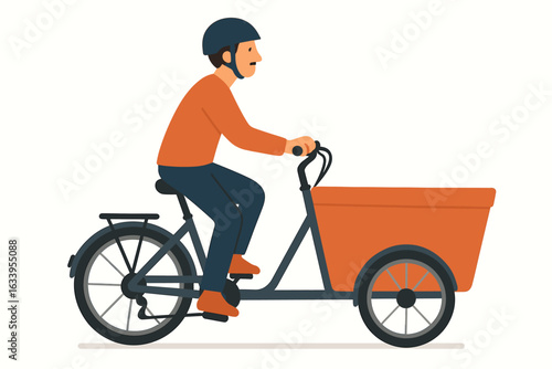 Man riding modern cargo bike outside. Male cyclist with helmet on electric cargo tricycle, eco-friendly urban transportation, delivery or commuting concept. Flat vector illustration, isolated on white
