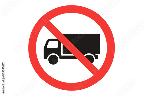 No trucks allowed road sign vector illustration. Prohibited truck entry traffic sign. Red circle with diagonal line over lorry symbol. Road safety, transport regulation, vehicle restriction concept.