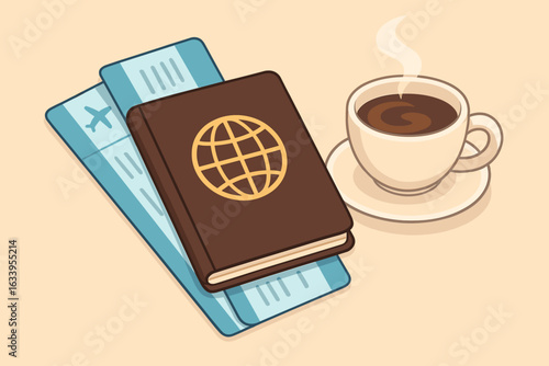 Passport and flight tickets with hot coffee on table, morning travel preparation, international trip essentials, leisure holiday planning, vector cartoon illustration for vacation, tourism concept