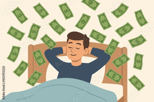 Passive income, make money while you sleep concept, relaxing man in bed with cash raining down, financial freedom, easy wealth, investment returns, salary earnings, economic success idea illustration