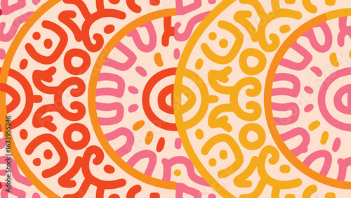 Overlapping circles with abstract patterns in orange, pink, and yellow create a vibrant design element