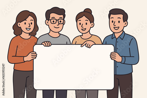 Diverse group of people holding blank signboard mockup. Teamwork, collaboration, community, message board, announcement template. Modern cartoon characters for presentation or advertising concept