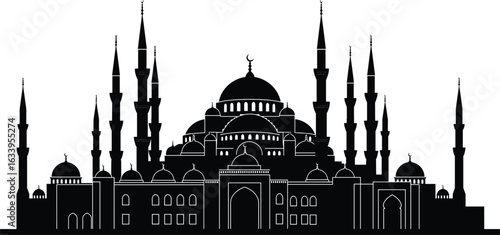 Islamic mosque silhouette, Ottoman architecture, minaret illustration, black white vector, religious building, Muslim landmark, historic design, worship place