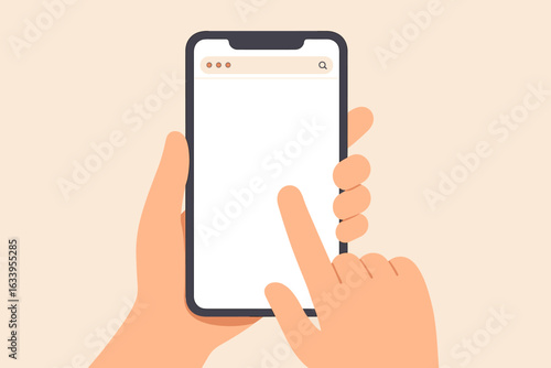 Smartphone touch interaction vector, hand holding mobile phone, finger tapping blank screen with search bar, flat cartoon illustration, user interface template, mobile device UI UX concept