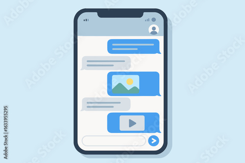 Smartphone texting and messaging interface. Mobile chat app screen with SMS, multimedia messages, images, videos, conversation bubbles. Digital communication illustration. Modern device. Vector art