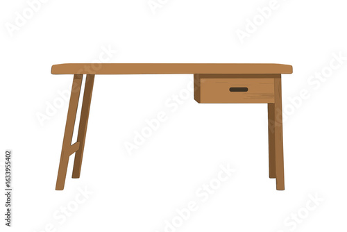 Modern wooden office desk vector. Minimalist home office table illustration. Natural wood work desk with single drawer, storage, clean lines. Contemporary workspace furniture design isolated on white.