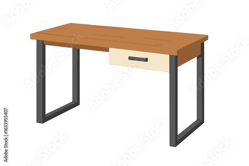 Modern minimalist home office desk with single drawer, wood tabletop, metal legs, contemporary workspace furniture, isolated vector illustration, stylish study table, professional computer desk