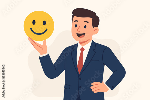 Confident businessman in suit holding large yellow smiley face emoji, expressing happiness, motivation, encouragement, positive attitude, workplace mental health, and emotional well-being concept